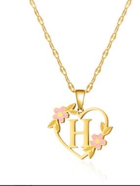 Stainless SteelGold Initial H Heart Necklace with Pink Flowers - Women's Jewelry